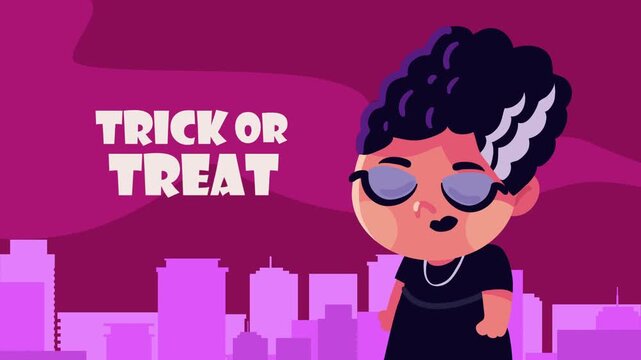 Trick or treat halloween animation with girl wearing monster bride costume in city setting at night.