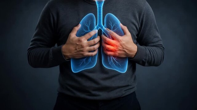 Illustration of a Man with Glowing Lungs Highlighting a Health Issue in a Dark Environment