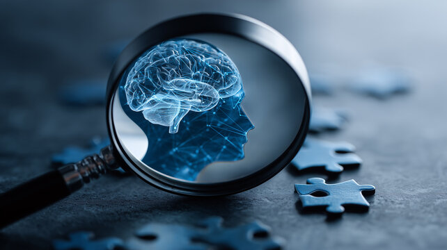 A magnifying glass focused on a human brain beside puzzle pieces represents cognitive assessment mental health research and neuroscience.
