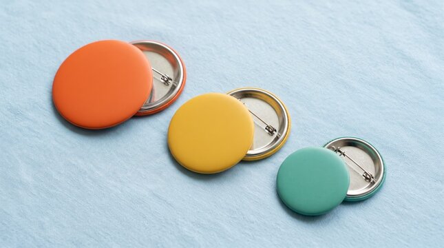 Set of colorful blank round button badges pins lying on blue fabric texture, orange yellow green colors, empty space for logo or text design, promotional merchandise