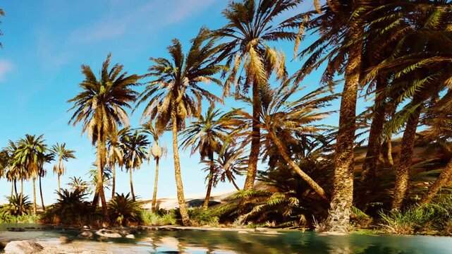 Palm trees grow tall beside a winding river in a desert landscape. The sun shines brightly, highlighting the green plants and clear water. The scenery is natural and lively.