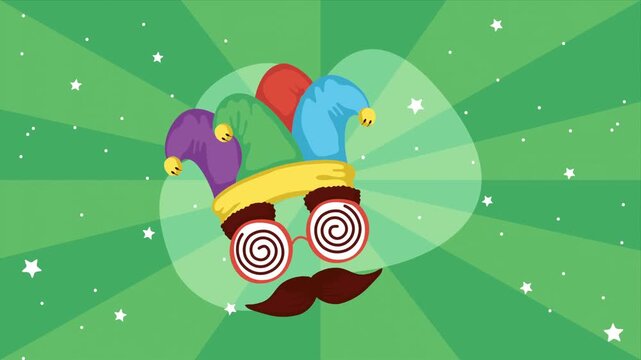 Animated april fools day jester hat, silly glasses, and mustache on a spinning green background with stars, perfect for a dynamic holiday celebration clip.