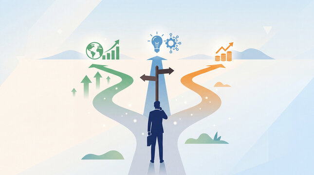 A thoughtful businessman standing at a major road intersection making a crucial decision about his career path while looking at various alternative direction choices and future development