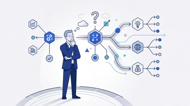 A thoughtful businessman stands next to a complex conceptual decision tree diagram exploring multiple strategic pathways, various options, alternative solutions, and future corporate planning