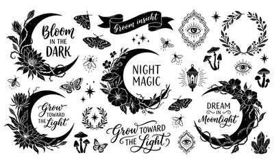 Fototapeta premium Mystical floral crescent moon night moths glowing lantern all seeing eye botanical wreath mushrooms and inspirational spiritual lettering