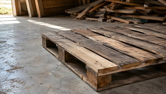 Wooden shipping pallet on warehouse floor with reclaimed boards