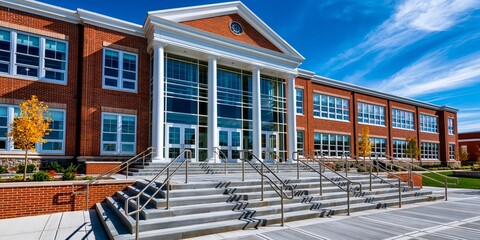Naklejka premium Modern brick school building with white columns, glass entrance, and wide stone steps under a bright blue sky with autumn trees.