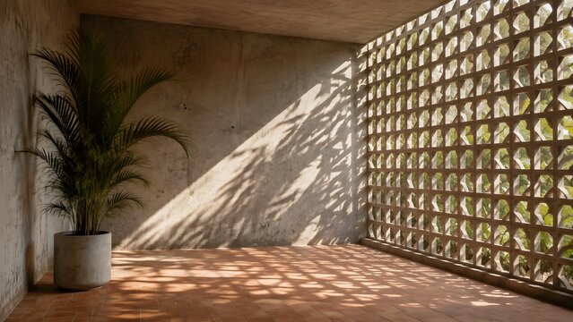 Modern interior with breeze block wall and geometric sunlight