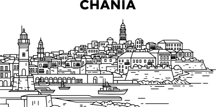 Chania Greece Cityscape Outline Illustration Coastal Landmark Art