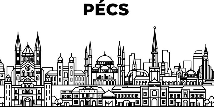 Pecs Hungary Skyline Vector Illustration Cityscape Black White