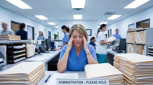 Stressed healthcare administrator overwhelmed by paperwork in a busy office, showing the demanding and high-pressure environment of medical administration