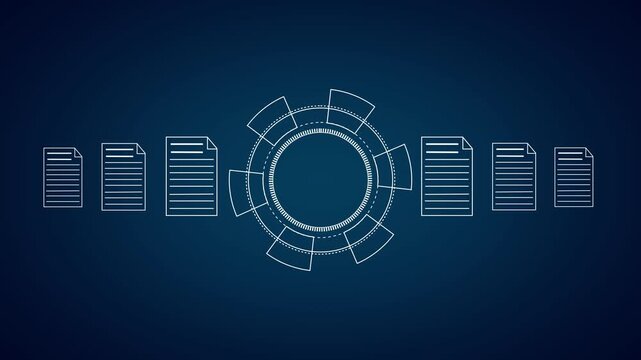 Digital data processing animation with gear and document icons, technology concept, abstract futuristic background motion graphic with clean lines and circles.