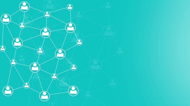 Network connection between people icons forming complex web, social network concept, dynamic motion graphics, abstract background.
