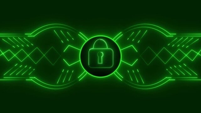 Green neon cybersecurity lock animation featuring glowing digital data protection interface with dynamic geometric shapes and high tech network security motion graphics background.