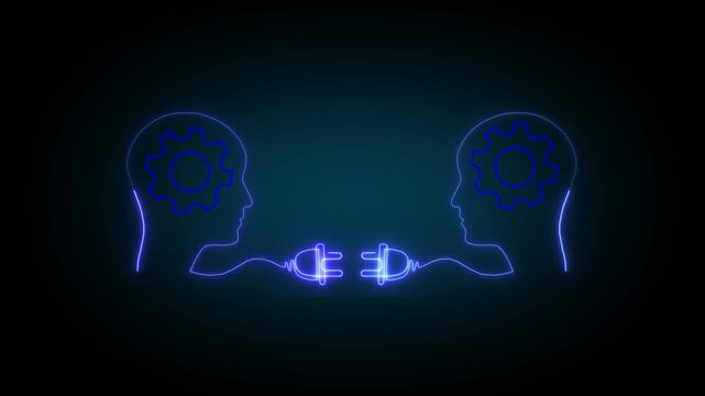 Two human heads in profile facing each other with glowing neon outlines, connection plugs and gears inside symbolizing communication and intellect sharing, dynamic motion concept.