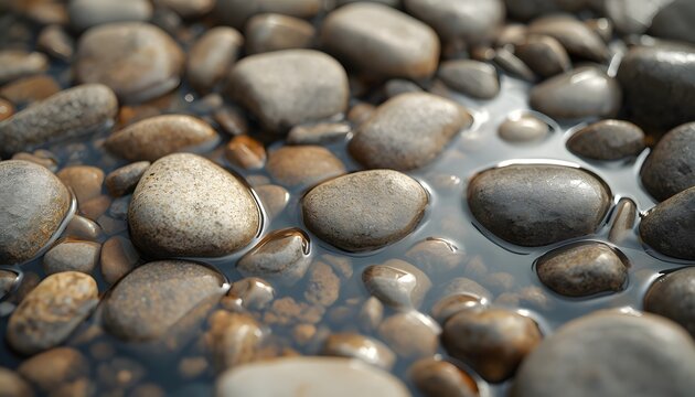 Smooth wet river pebbles close-up, natural stone background with water