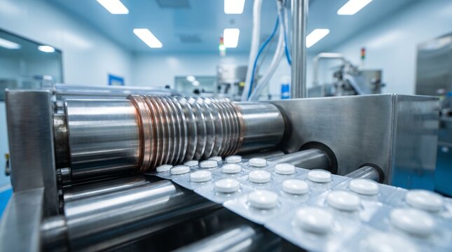 Industrial pill packaging machine processing white tablets in a modern factory