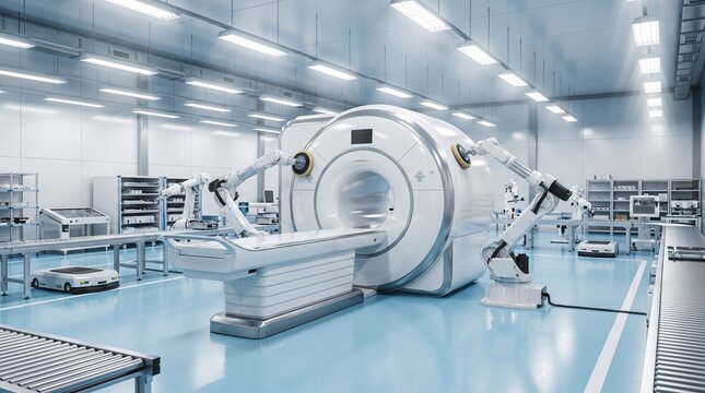 Modern mri scanner machine inside a bright medical manufacturing factory floor