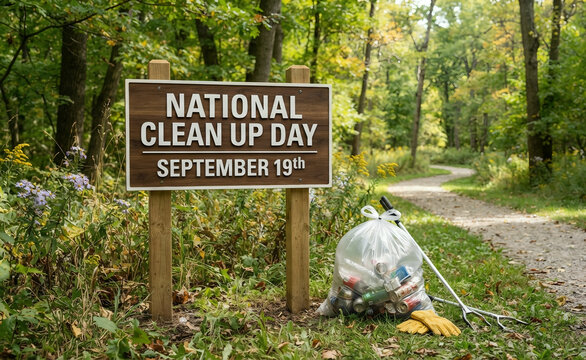 National Clean Up Day Wooden Sign in Forest with Litter Bag and Path