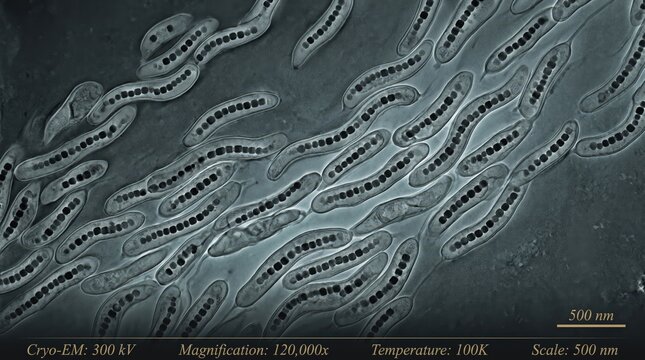 Cryo-Electron Micrograph of Magnetotactic Bacteria and Magnetosomes