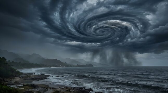 Massive storm vortex and hurricane spiral forming over ocean coastline with heavy rain and dramatic dark clouds