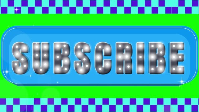 Subscribe button rendered in a glossy blue rounded rectangle with metallic silver lettering illuminated by glowing lights set against a green screen background with checkered borders for media.