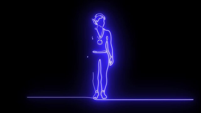 Continuous glowing purple neon line art animation female athlete wearing medal black background
