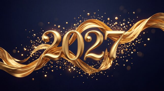 Luxurious golden 2027 text with flowing ribbons and sparkling glitter on a dark blue background, celebrating the New Year.