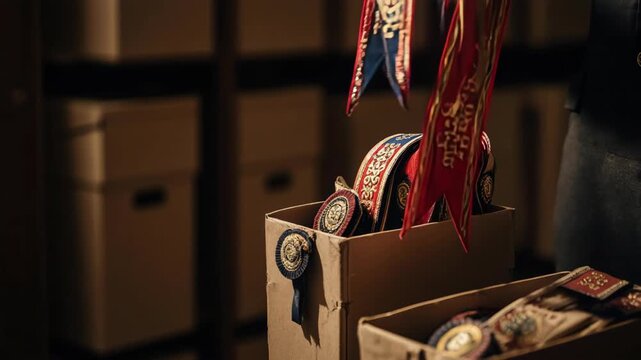 Close up of medals and ribbons in a wooden box ready for ceremony.