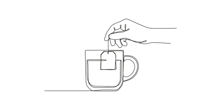 Continuous single line drawing of a hand holding a tea bag in a glass cup of hot tea