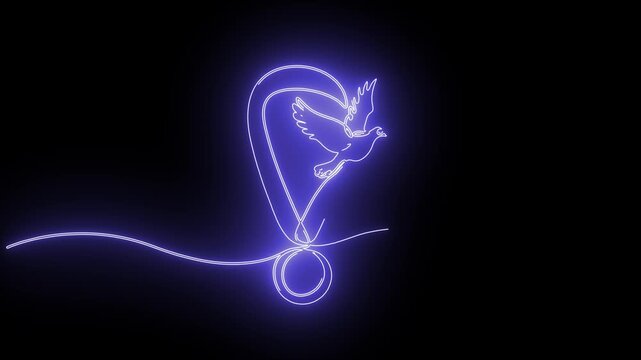 Continuous glowing purple neon line art drawing animation flying dove peace bird black background