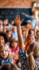 Fototapeta premium Energetic classroom scene with diverse children raising hands, focused on learning, bright natural lighting, colorful clothing, engaged students in school setting.