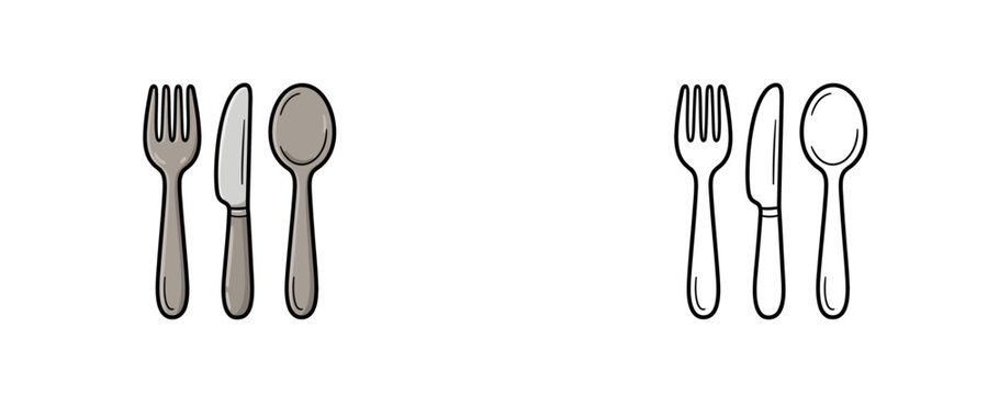 Silverware cutlery vector illustrations with fork knife and spoon in colored cartoon and black line art styles isolated on plain white background for dining design