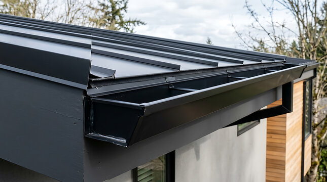 Modern black metal roof with sleek design and wooden exterior accents on a contemporary residential building outdoor view