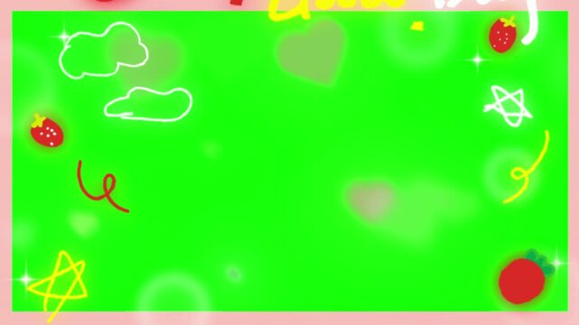 Strawberry theme border surrounds a wide green screen area with whimsical doodle clouds, bright red berries, yellow star shapes, and shimmering light effects for a playful digital backdrop.
