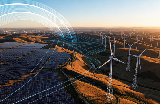 Smart energy grid visualised over a renewable power landscape