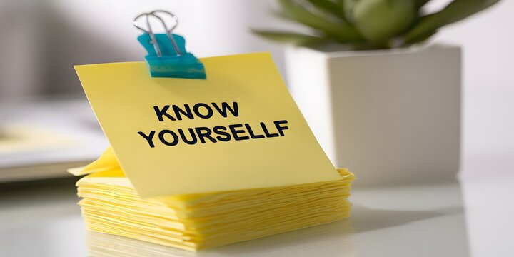 Yellow sticky note with know yourself message attached by blue binder clip on stack