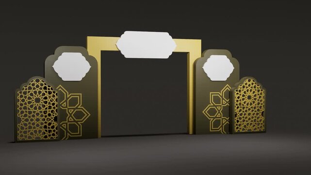 arabic, islamic, gate, orbit, rotation, turntable, panoramic, pan, animation, geometric, mashrabiya, gold, luxury, arch, entrance, ornamental, arabesque, oriental, traditional, architectural, 3d, rend