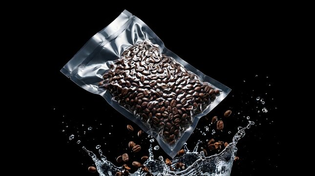 Clear vacuum sealed pouch filled with roasted coffee beans splashing into water on black background