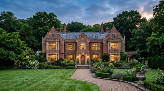Historic English Brick Folly Manor at Twilight