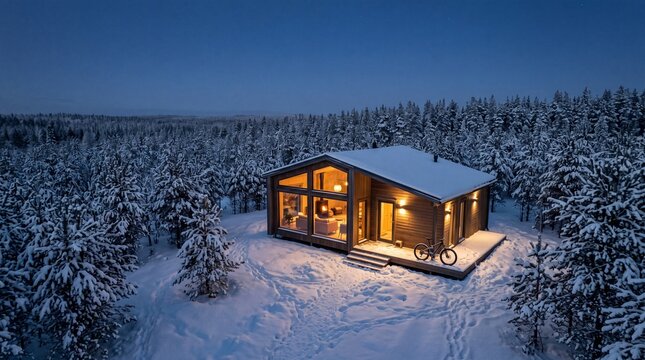 A cozy modern wooden cabin illuminated at night in a snow-covered winter forest landscape.