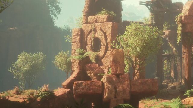 Stone structures stand in a canyon filled with green plants. Sunlight filters through the trees and highlights the details of the rocks. Nature surrounds the ancient ruins.