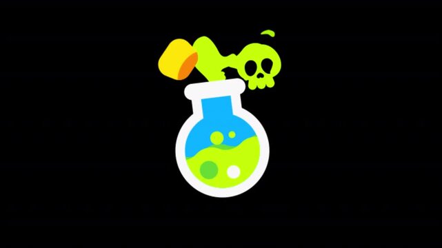 Colorful magical potion bottle with green liquid, skull details and a Halloween witch hat on transparent background.