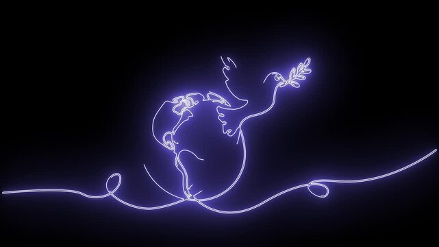 Glowing neon line art animation of a dove flying with an olive branch over Earth
