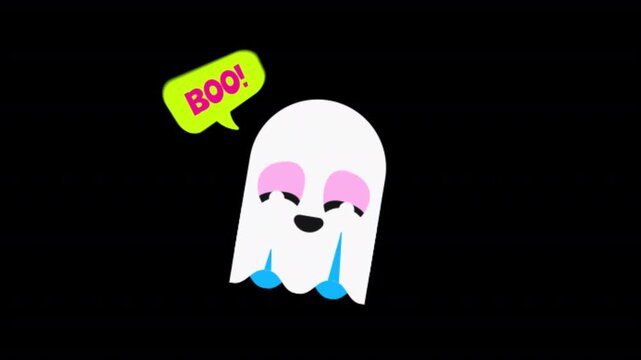 Cute white Halloween ghost with a colorful Boo speech bubble on transparent background.