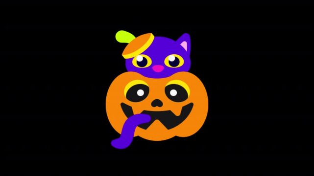 Playful black cat sitting behind a carved orange pumpkin with a small witch hat on transparent background.