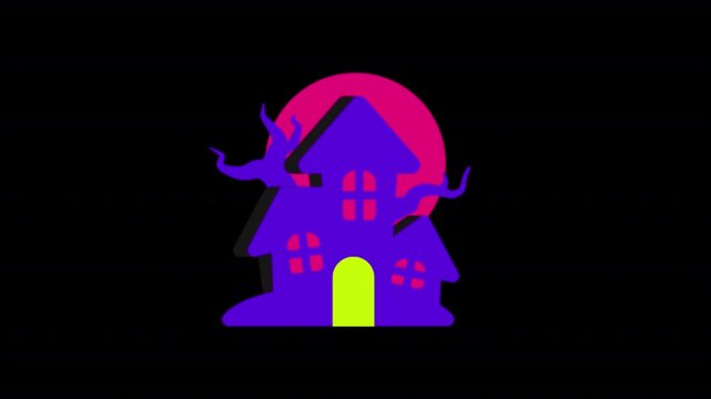 Colorful haunted house with glowing windows, spooky trees and a dark Halloween atmosphere on transparent background.