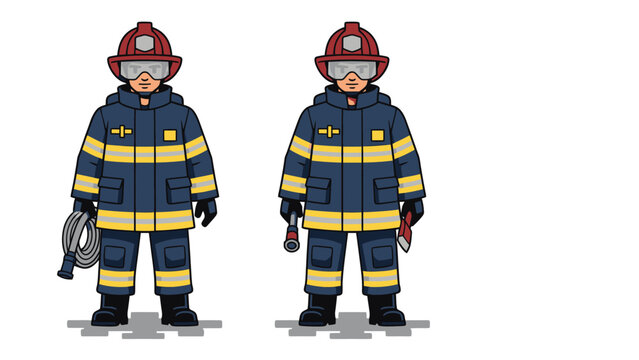 Two firefighters in uniform, one holding a hose and the other holding an axe, ready for action.