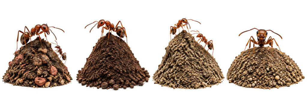Collection of four dirt anthills with large worker ants crawling on top isolated on white