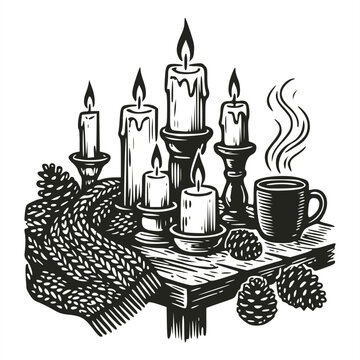 Black and white line art illustration of lighted candles on holders, a steaming coffee mug, pinecones, and a knitted scarf arranged on a wooden table in cozy linocut style.
